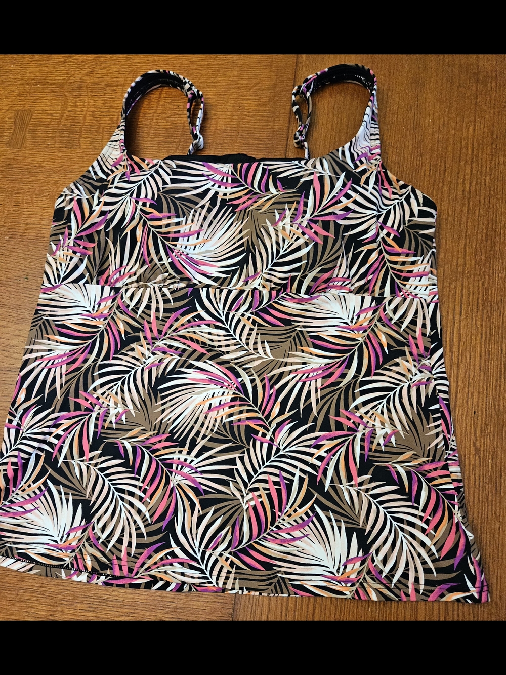 Lands' End Tropical Leaf Print Swimsuit, Tankini Top - Black, Pink & Cream